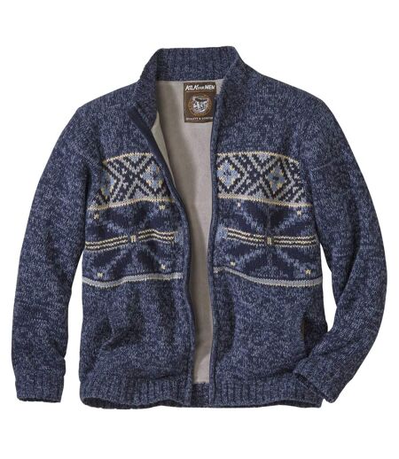 Men's Blue Fleece-Lined Knitted Jacket - Full Zip