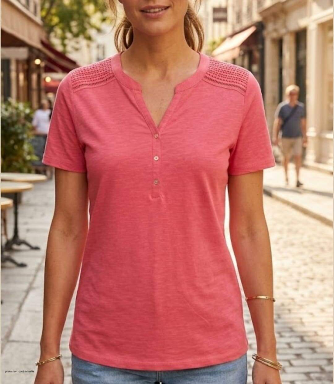 Tee-shirt femme MAYFLOWER TEEF4011A rose : la légèreté du coton flammé au style romantique-1