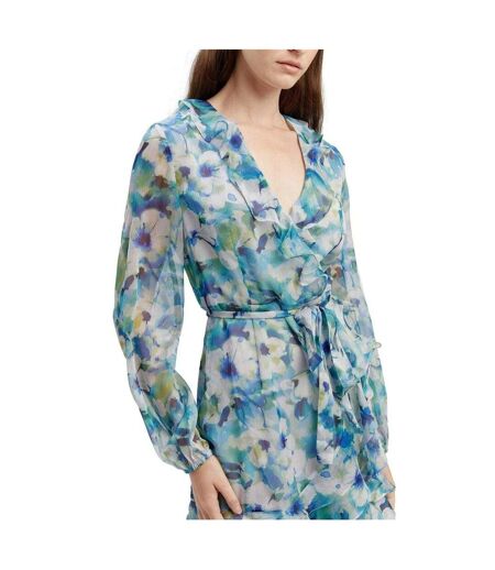 Womens/ladies Frill Chiffon Wrap Dress Blue Green Bardot