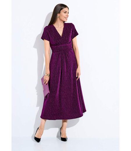 Robe longue brillante col V smockée dos