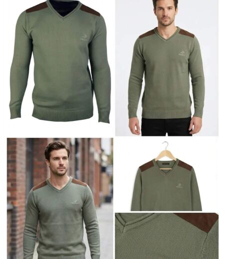 Pull Col V Homme Winchester Panel2 Vert Marine avec Renforts Suédine
