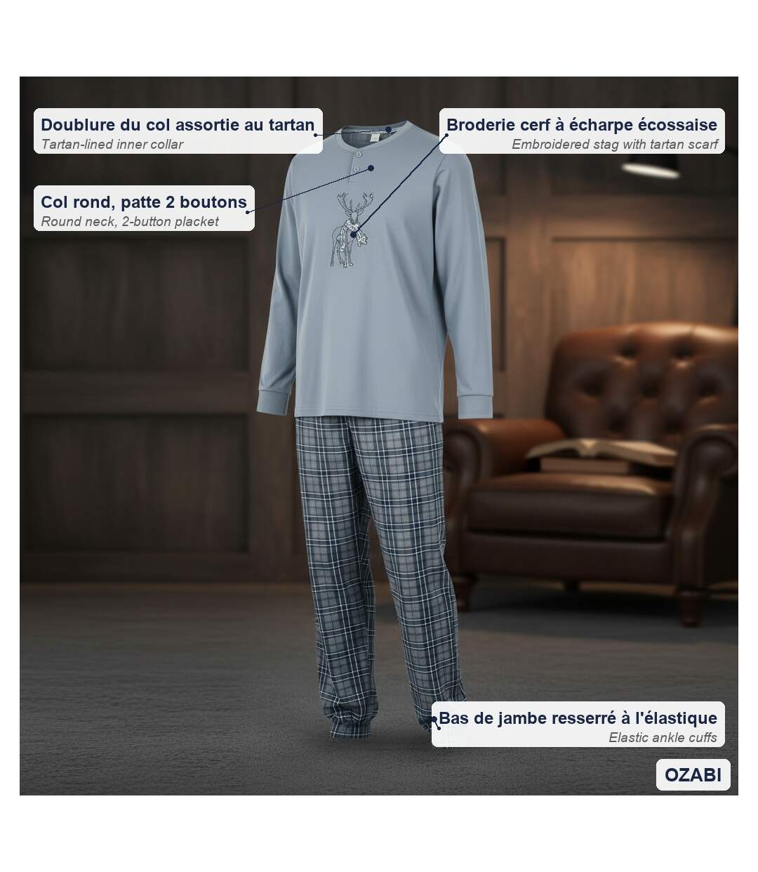 OZABI Ensemble Pyjama Homme Coton Majoritaire Broderie Cerf Écossais-5