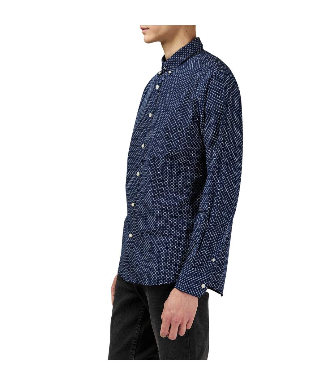 Chemise Manches Longues Motif/style À Motifs Homme Bleu Marine Blanc Fabric-4
