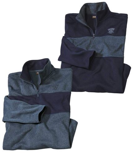 Pack of 2 Men's Striped Brushed Fleece Jumpers - Navy Blue