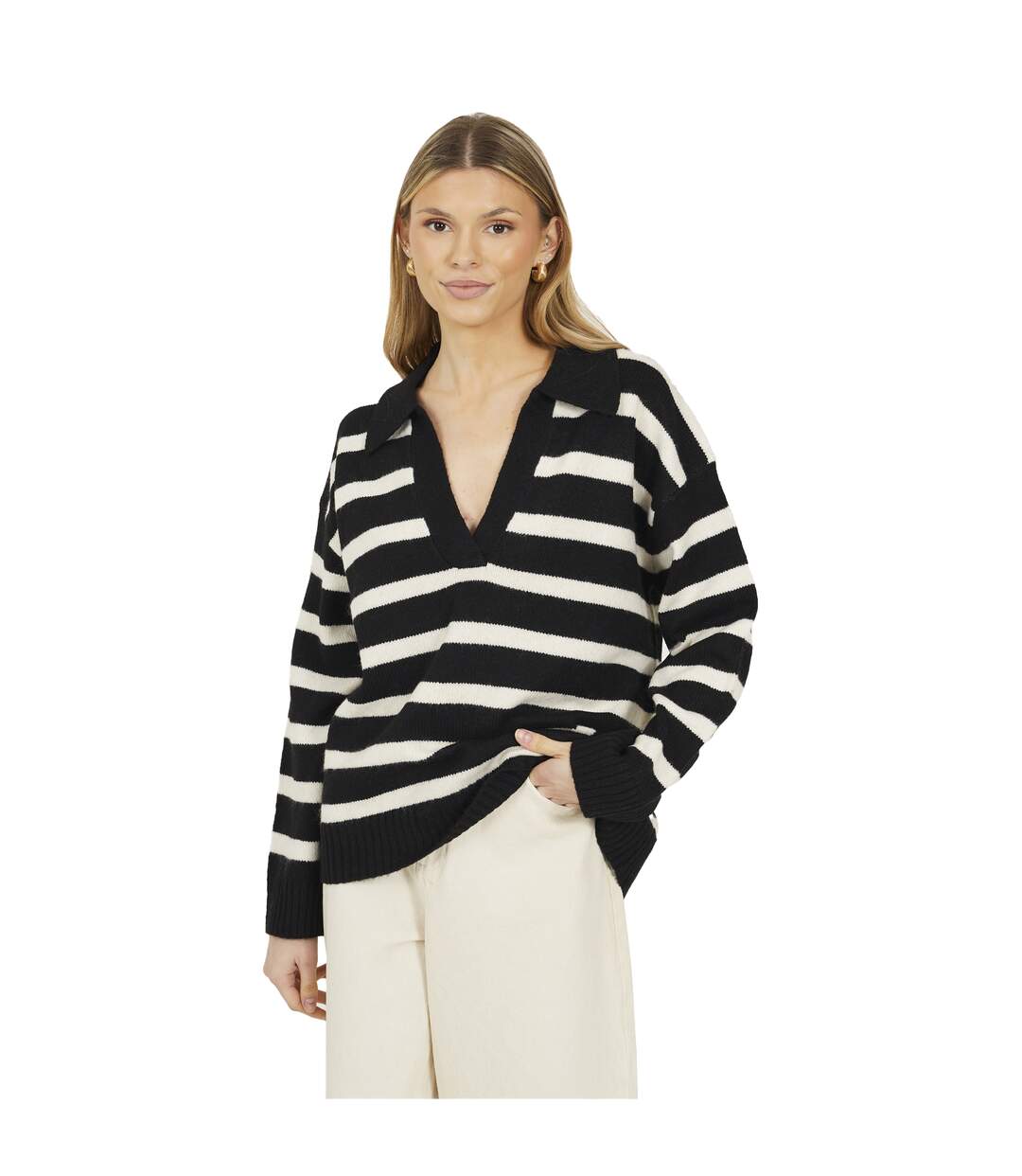 Womens/ladies Striped V Neck Jumper Black Brave Soul-2