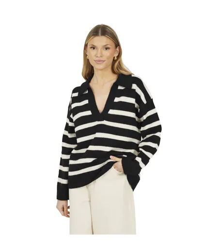Womens/ladies Striped V Neck Jumper Black Brave Soul