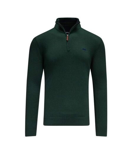 Mens classic knitted cashmere blend quarter zip jumper forest Raging Bull