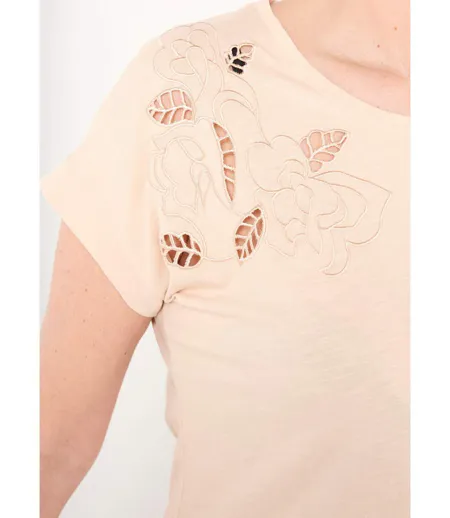 T-shirt court uni brodé ajouré manches courtes