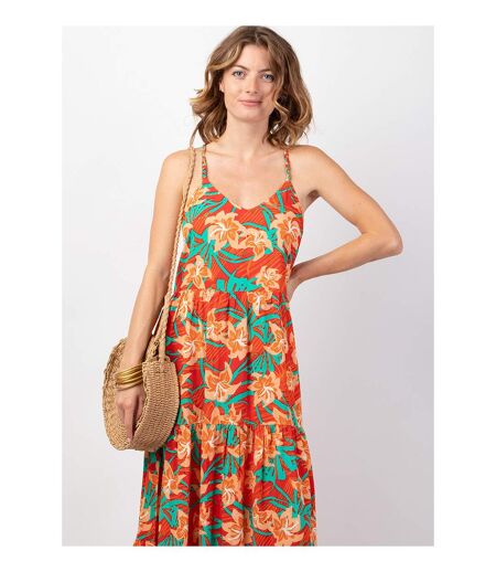 Robe bohème chic longue MONICA motif tropical orangé Coton Du Monde