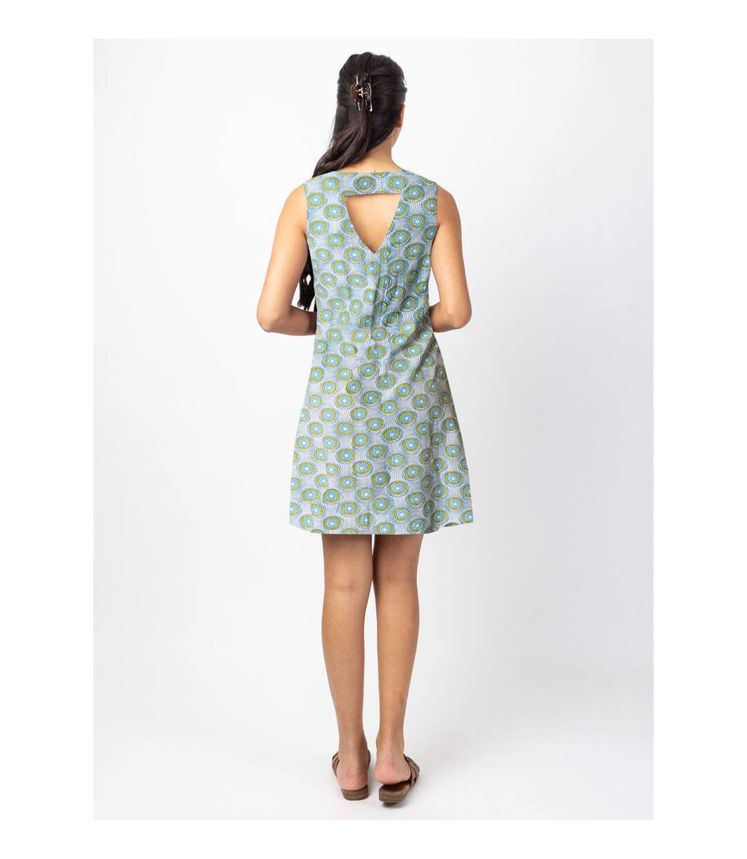 Robe courte DIANA coton sans manches col V imprimé rond vert Coton Du Monde