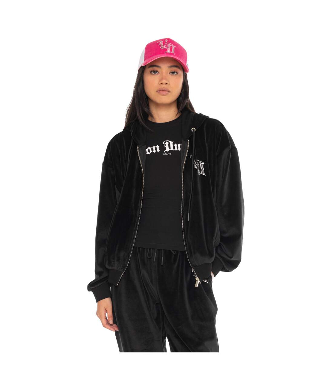 Sweat zippé à capuche femme en velours avec poches et strass Diams Vondutch-5