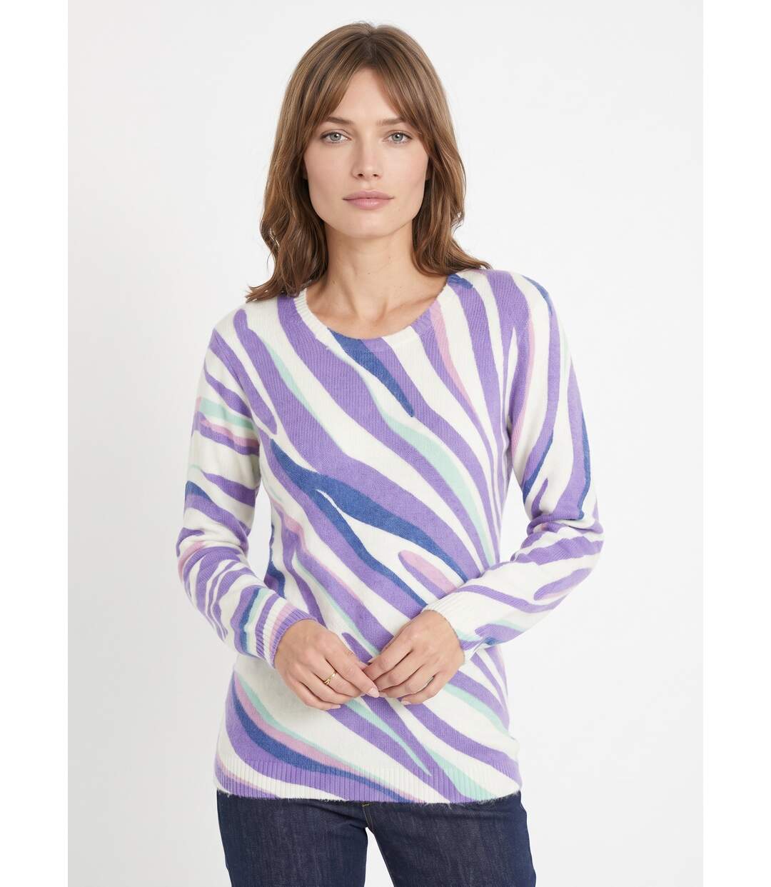 Pull doux court col rond imprimé graphique-1