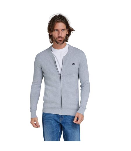 Mens knitted baseball collar cardigan grey marl Raging Bull