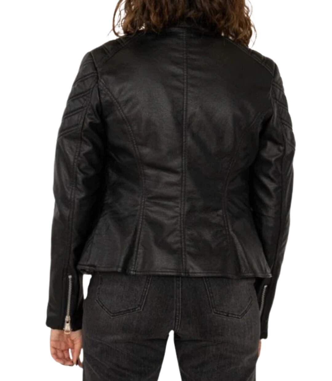 Blouson Chic Femme Noir en Simili Cuir - élégant et Confortable avec Poches Zippées et Col Large-2