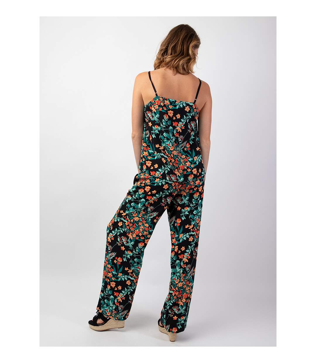 Pantalon femme fluide été MELODY noir motif fleuri Coton Du Monde