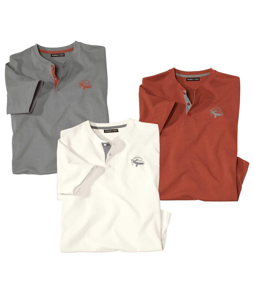 Pack of 3 Men's Henley T-Shirts - Ecru Grey Orange Atlas For Men
