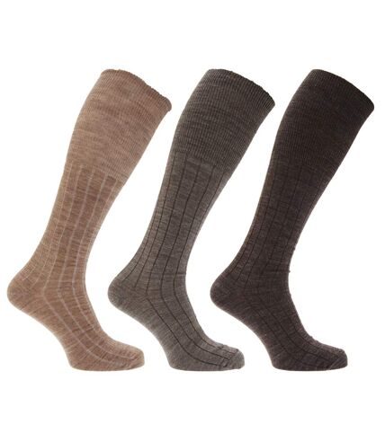 Mens Long Length Ribbed Lambswool Blend Socks (Pack Of 3) (Brown Assorted) - UTMB229