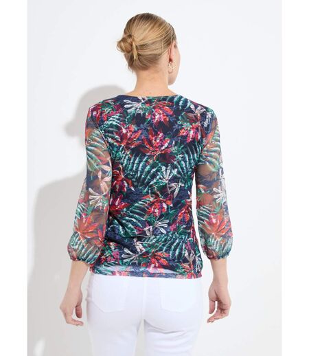 T-shirt col V maille dentelle imprimée