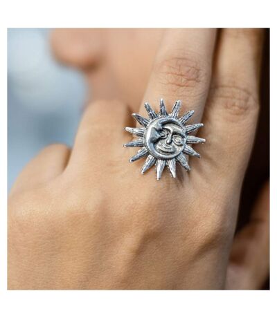 Big Silver Oxidised Smily Sun Crescent Moon Statement Ring