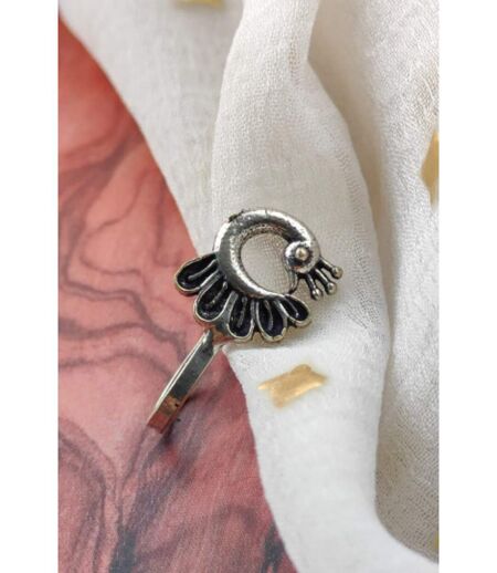 Oxidized German Silver Peacock Round Clip On Indian Animal Nose Pin