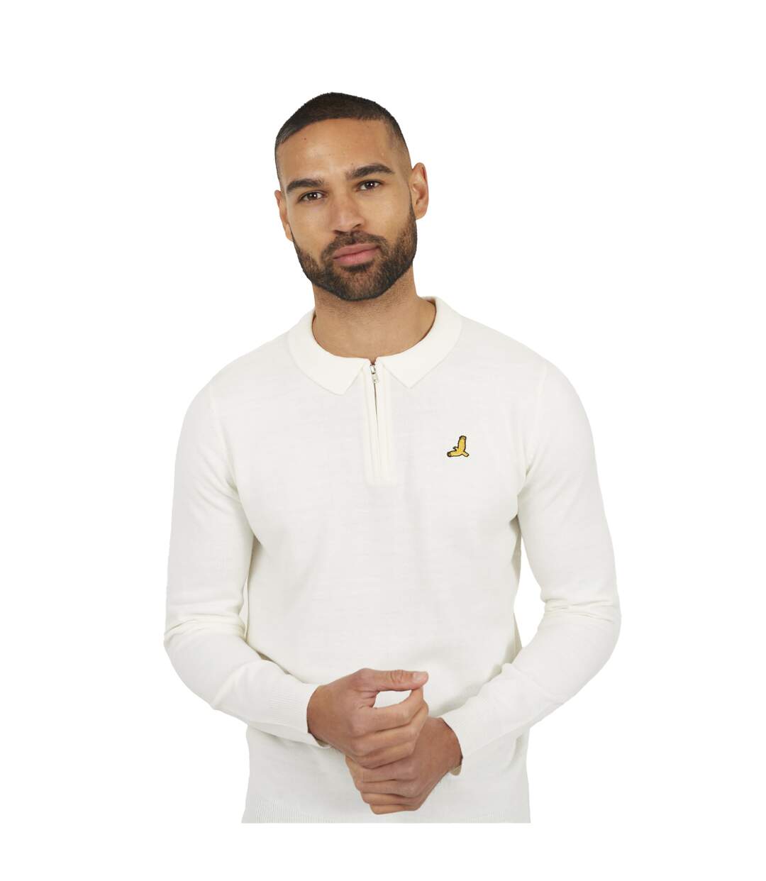 Mens Knitted Quarter Zip Long-sleeved Polo Shirt Off White Brave Soul-3