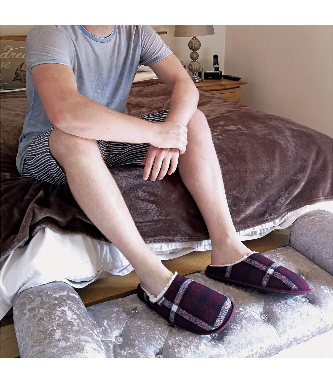 Mens Plush Fleece Lined Slip On Mule Checked Plaid Slippers-5