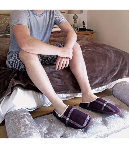 Mens Plush Fleece Lined Slip On Mule Checked Plaid Slippers
