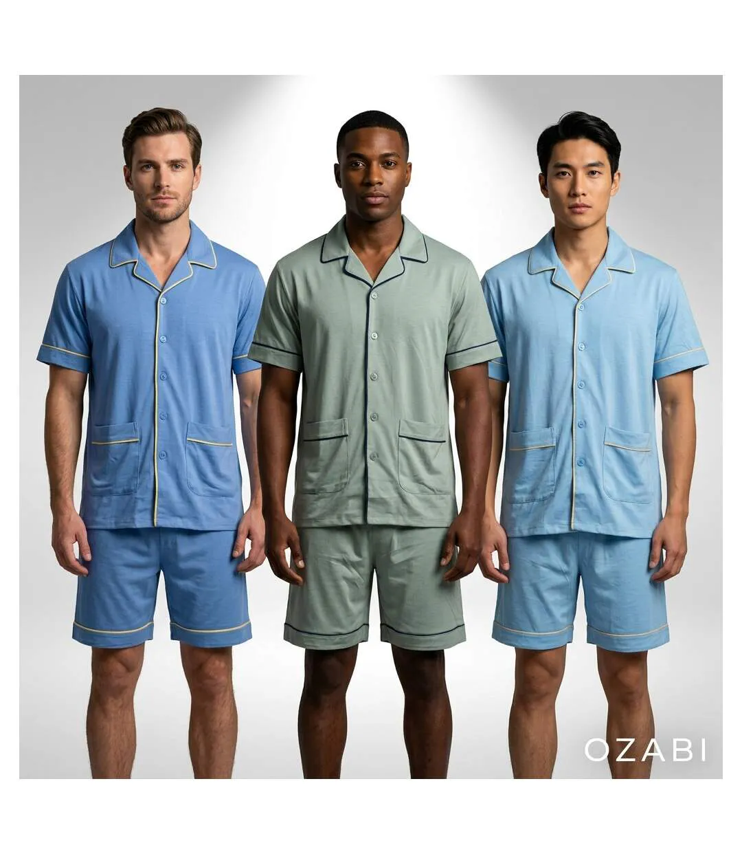 OZABI Pack 3 Pyjamas Courts Homme Coton Majoritaire, Col Chemise Boutonne-2