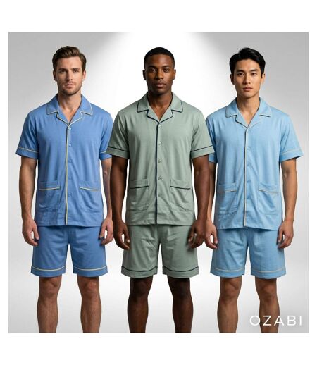 OZABI Pack 3 Pyjamas Courts Homme Coton Majoritaire, Col Chemise Boutonne