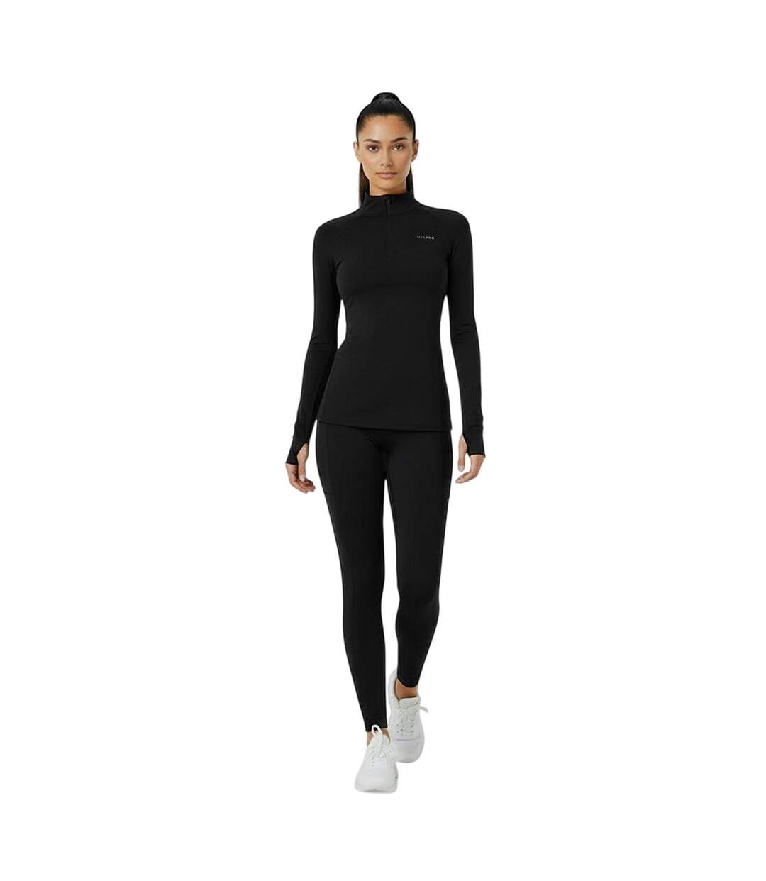 Womens/ladies Plain Long-sleeved Base Layer Top Black USA-1