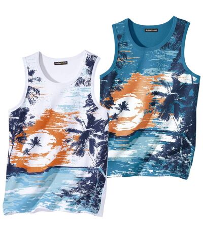 Pack of 2 Men's Sunset Tank Tops - White Blue