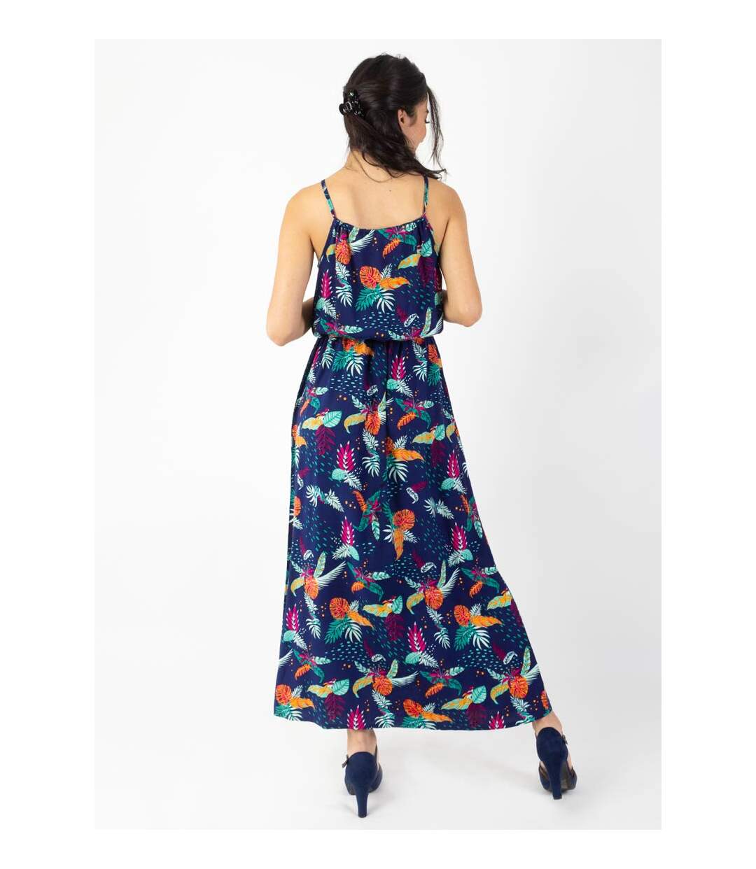 Robe longue col licou NAYA imprimé tropical bleu Coton Du Monde