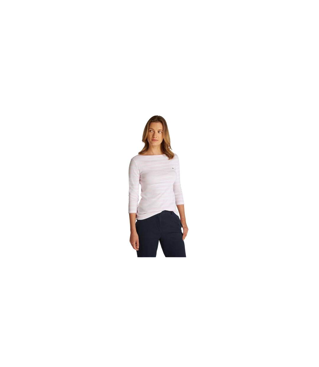 Womens/ladies Striped Boat Neck Slim T-shirt Pink Oat Tommy Hilfiger-1