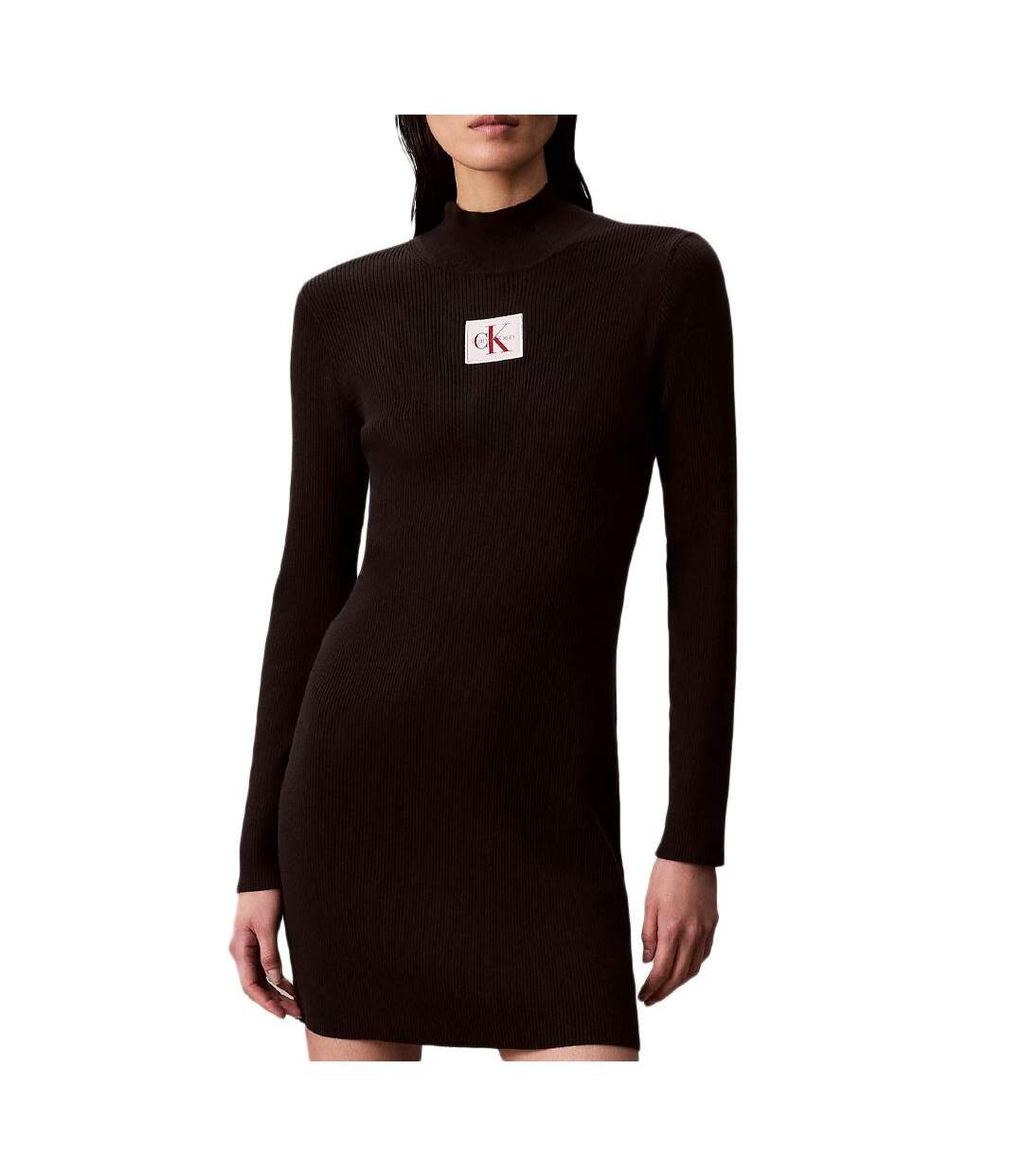 Robe slim noir femme calvin klein jeans neck mini dress-1