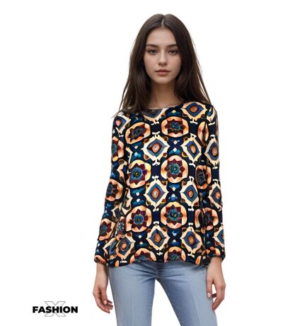 Top femme imprimé manches longues - Tee-Shirt col arrondi