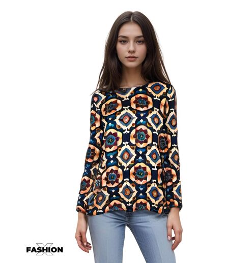 Top femme imprimé manches longues - Tee-Shirt col arrondi