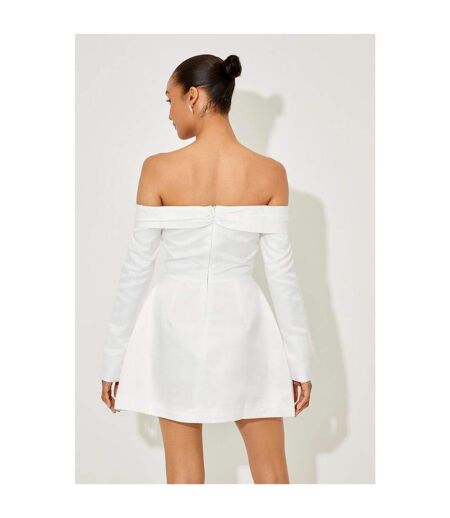 Womens/ladies Satin Bardot Mini Dress Off White Odd Muse