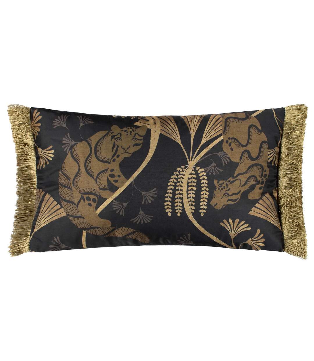 Moondusk fringed jacquard rectangular cushion cover 30cm x 50cm black/gold Paoletti