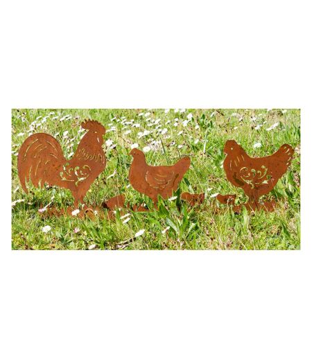 Décor de jardin Poules et Coq en métal vieilli