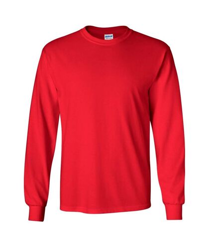 Gildan Mens Plain Crew Neck Ultra Cotton Long Sleeve T-Shirt (Red)