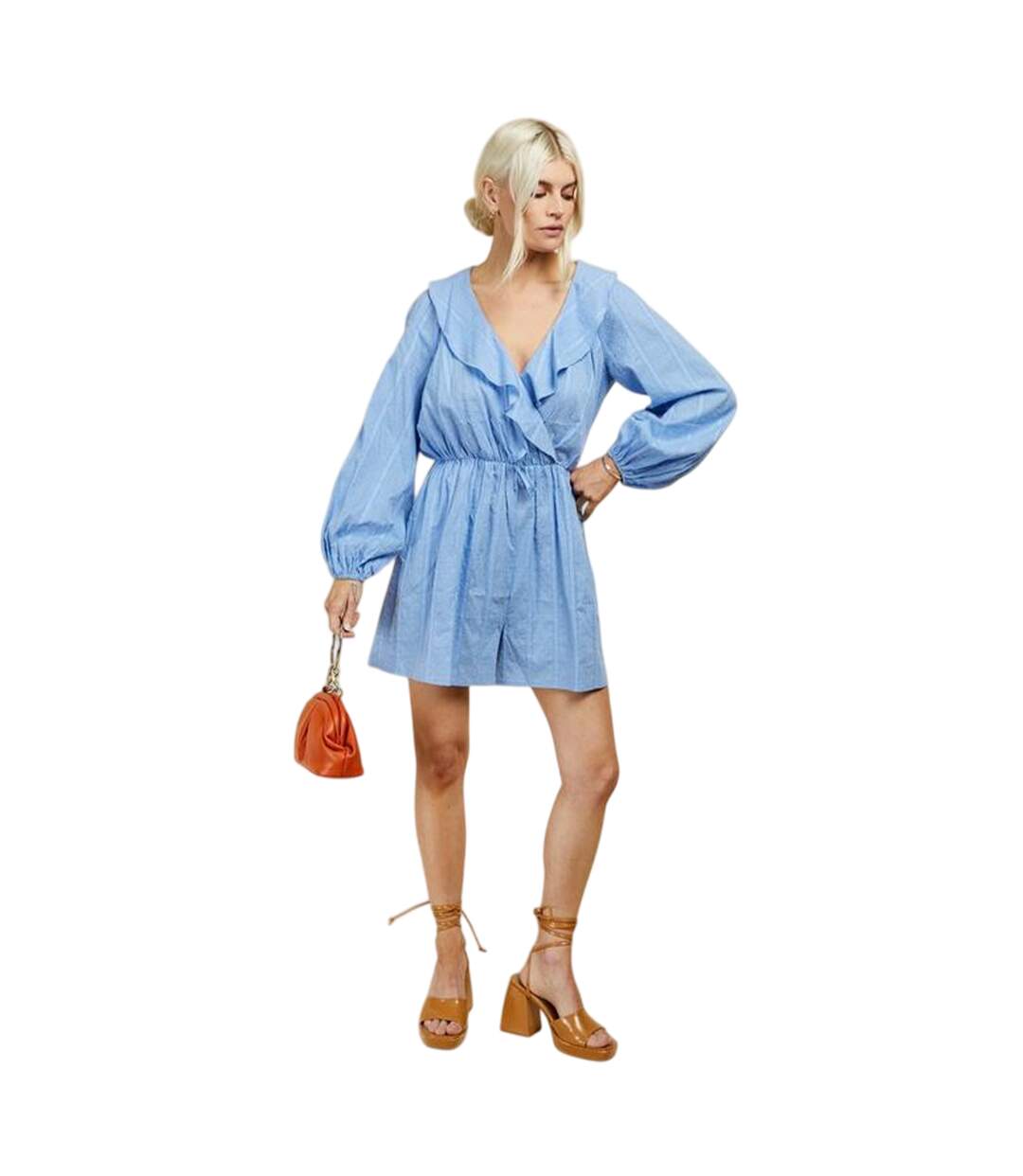 Womens/ladies Dobby Mock Wrap Playsuit Blue Little Mistress-1