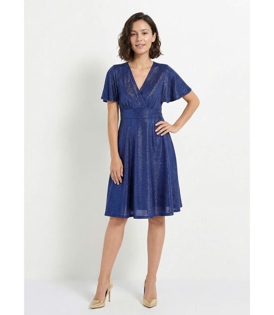 Robe cache-coeur courte brillante manches papillon-1