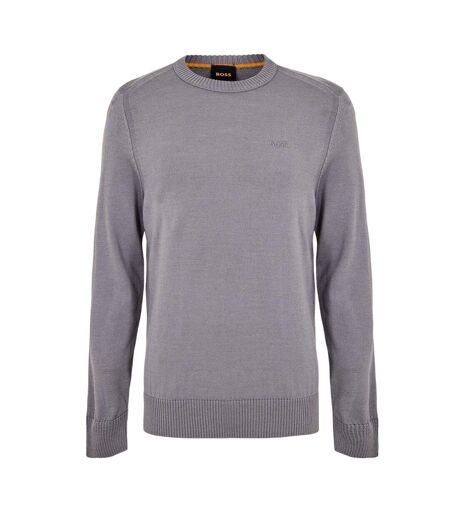 Mens Embroidered Ribbed Crew Neck Sweater Top Grey Boss
