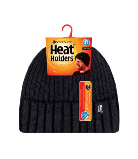 Heat Holders - Mens Ribbed Knit Fleece Lined Insulated Warm Turn Over Cuff Thermal Winter Beanie Hat