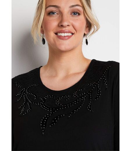 T-shirt court col rond résille brodé strass