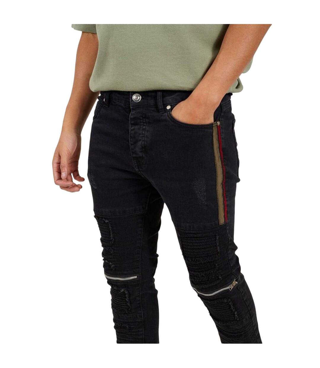 Mens Biker Stitched Skinny Jeans Black Brave Soul-4