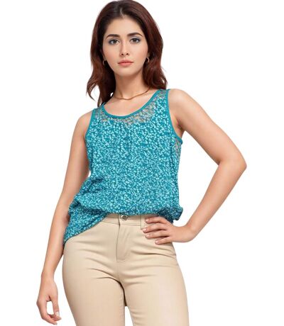 Débardeur Femme Turquoise à  Motif Fleurs avec Dentelle au Dos - Taille Unique