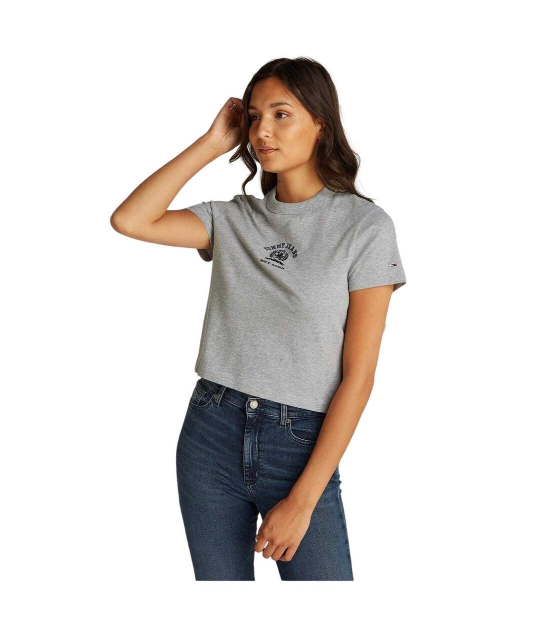 Womens/ladies Varsity Logo Regular Crop Top Grey Heather Tommy Jeans-1
