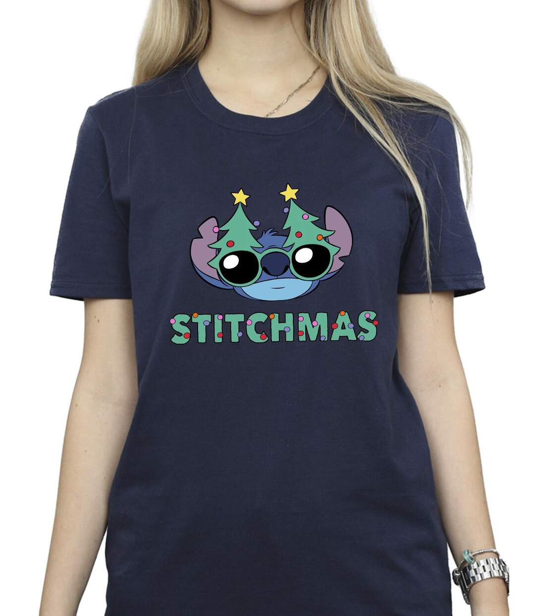 Disney Womens/Ladies Lilo & Stitch Stitchmas Glasses Cotton Boyfriend T-Shirt (Bleu marine) - UTBI30656-3