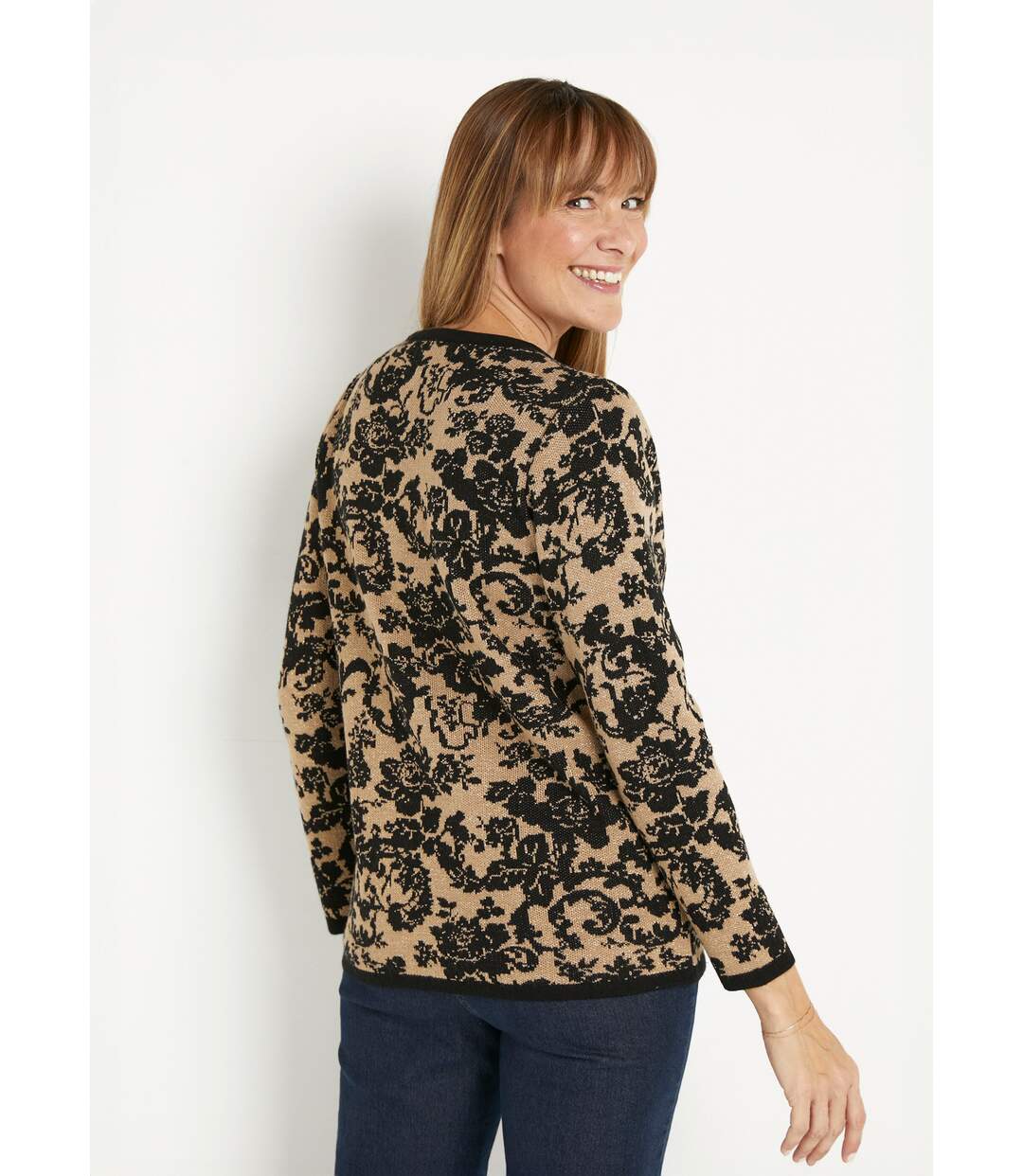 Pull chaud jacquard fleuri brillant col rond-2